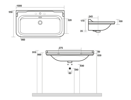 WALDORF umywalka ceramiczna 100x55cm, z 3 otworami na baterię, biały