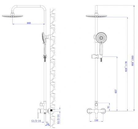Deszczownica z baterią prysznicową dwufunkcyjną, stal szczotkowana