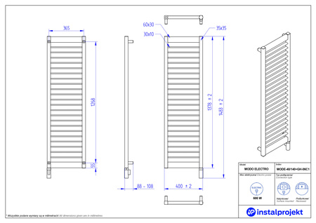Instal Projekt Modo Electro Grzejnik elektryczny  40x140 cm biały połysk/white silk MODE-40/140+GH-06C1