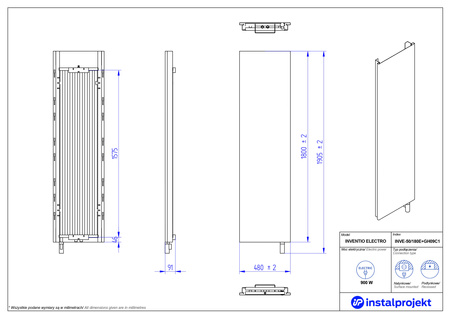 Instal Projekt Inventio Electro Grzejnik elektryczny  50x180 cm biały/silk ekran beżowy c42 INVE-50/180E42+GH-09C1