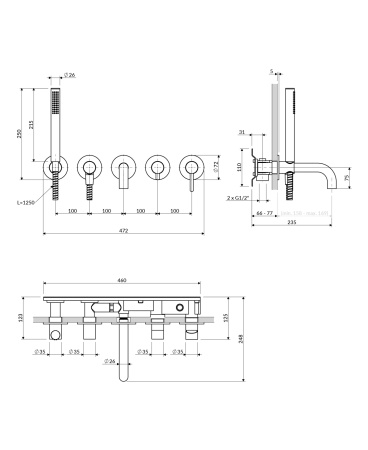 Y bateria wannowa 5-otworowa podtynkowa, chrom połysk