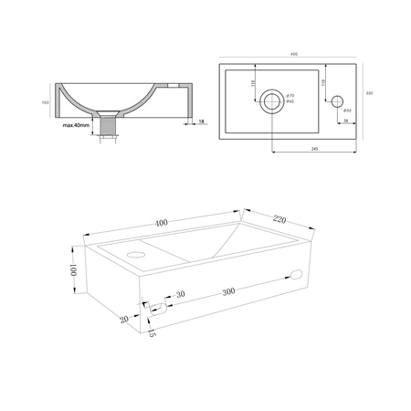 CREST R umywalka betonowa z korkiem, 40x22cm, biały piaskowiec