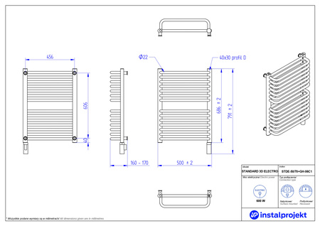 Instal Projekt Standard 3D Electro Grzejnik elektryczny  50x70 cm biały połysk/white silk STDE-50/70+GH-06C1