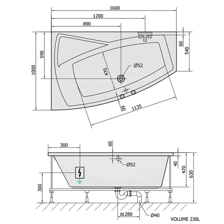 EVIA L wanna z hydromasażem, 160x100x47cm, Highline Hydro-Air, chrom