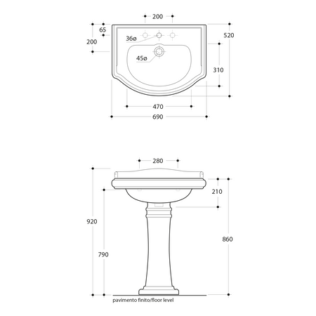 RETRO umywalka ceramiczna 69x52cm, z 3 otworami na baterię, czarny mat