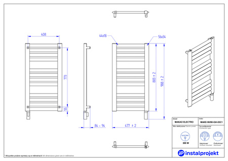 Instal Projekt Makao Electro Grzejnik elektryczny  50x90 cm biały połysk/white silk MAKE-50/90+GH-03C1