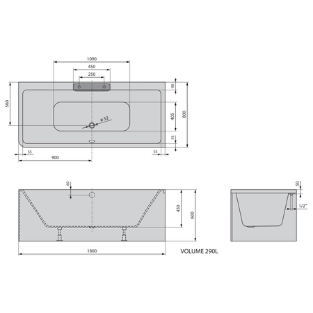 CASCATA R MONOLITH wanna prostokątna 180x80x60, kaskada ze stali nierdzewnej