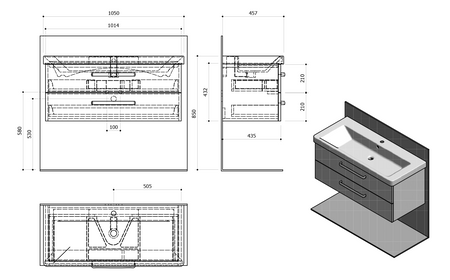 THEIA Szafka umywalkowa 101,4x43,5x44,2cm, 2 szuflady, dąb srebrny