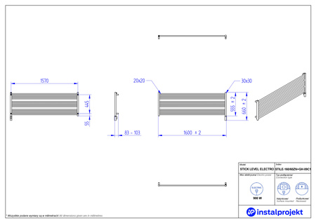 Instal Projekt Stick Level Electro Grzejnik elektryczny  160x60 cm czarny mat/black mat STILE-160/60ZNC31+GH-09C2