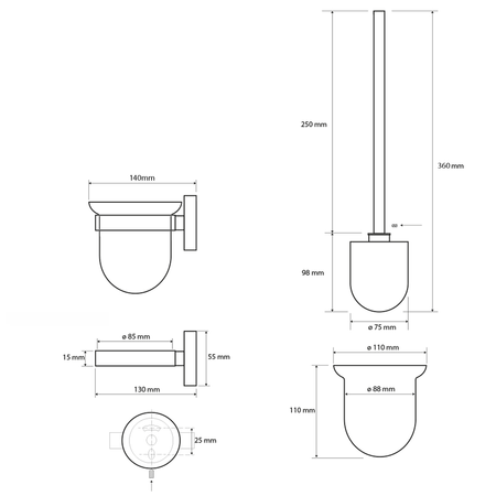 X-STEEL wisząca szczotka do WC, szkło mleczne, stal nierdzewna mat