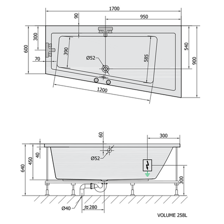 ANDRA R wanna z hydromasażem, 170x90x45cm, Attraction Hydro-Air, chrom