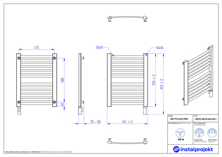 Instal Projekt Retto Electro Grzejnik elektryczny  50x70 cm biały mat/white mat RETE-50/70C34+GH-03C1