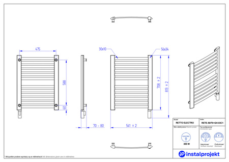 Instal Projekt Retto Electro Grzejnik elektryczny  50x70 cm biały połysk/white silk RETE-50/70+GH-03C1