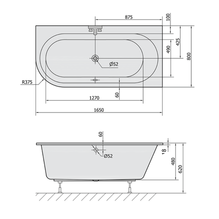 ASTRA R SLIM wanna asymetryczna 165x80x48cm, biała