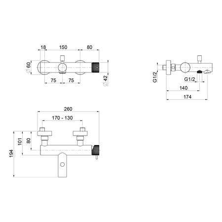 ULTRASAN bateria wannowa ścienna, czarny mat