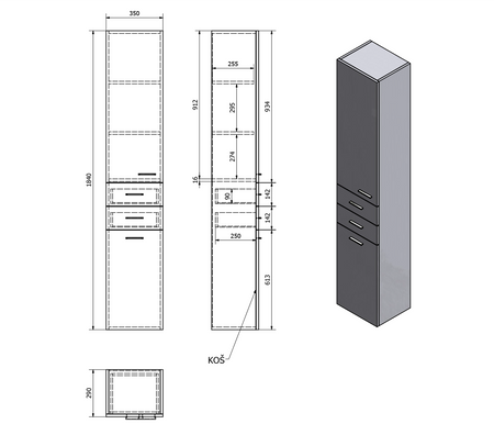 ZOJA/KERAMIA FRESH szafka wysoka z koszem na bieliznę 35x184x29cm, lewa, dąb platin