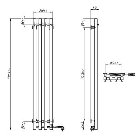 Elektryczny grzejnik łazienkowy CZARNY LEVANTE Sensor 210х1200 Lewa strona podłączenia, sterowanie dotykowe, regulator temperatury, Timer wyłączania