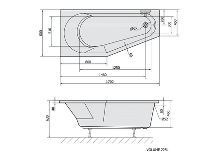 TIGRA L wanna asymetryczna 170x80x46cm, lewa, biały