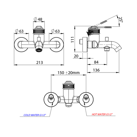 VERSI bateria wannowa ścienna, chrom