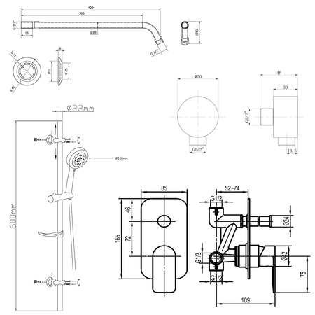 DAPHNE zestaw prysznicowy z baterią podtynkową, 2 wyjścia, chrom