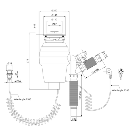 Rozdrabniacz odpadów kuchennych, 230V, 375W, włącznik pneumatyczny