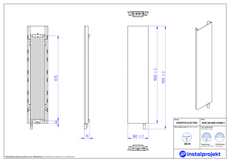 Instal Projekt Inventio Electro Grzejnik elektryczny  40x180 cm biały/silk ekran antracyt c16 INVE-40/180E16+GH-06C2