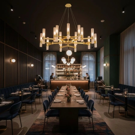 Lampa wisząca CANDELA-15, 120 cm - 15-ramienna oprawa sufitowa złota