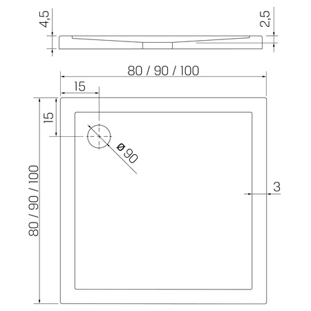 Brodzik NEW CANTARE kwadratowy 80x80x4,5 podstawa posadzka obudowa zintegrowana gł. 2,5 cm, o90