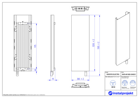 Instal Projekt Inventio Electro Grzejnik elektryczny  40x120 cm biały/silk ekran biały INVE-40/120E+GH-03C1