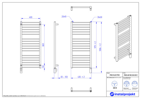 Instal Projekt Piko Electro Grzejnik elektryczny  40x100 cm biały mat/white mat PIKE-40/100C34+GH-03C1
