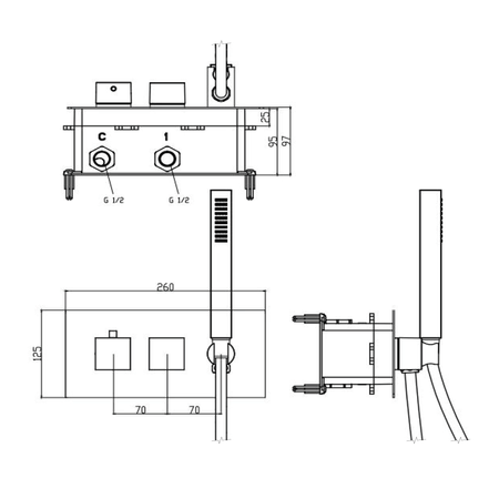 LATUS bateria prysznicowa podtynkowa termostatyczna, słuchawka prysznicowa, 2/3 wyjścia, chrom