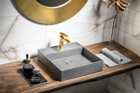 QUADRADO umywalka betonowa z korkiem, 46x46cm, czrany granit