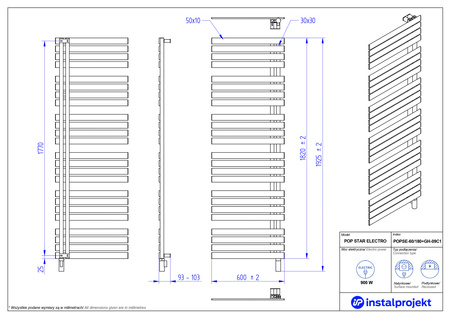 Instal Projekt Pop Star Electro Grzejnik elektryczny  60x180 cm biały mat/white mat POPSE-60/180C34+GH-09C1