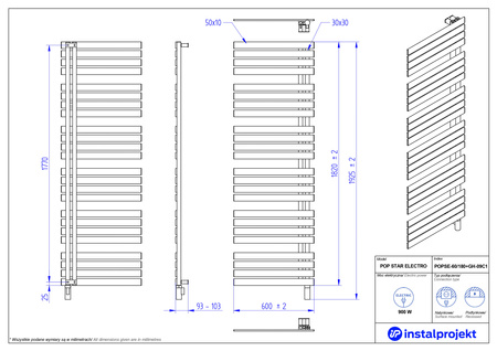 Instal Projekt Pop Star Electro Grzejnik elektryczny  60x180 cm szary granit/granite POPSE-60/180C15+GH-09C2
