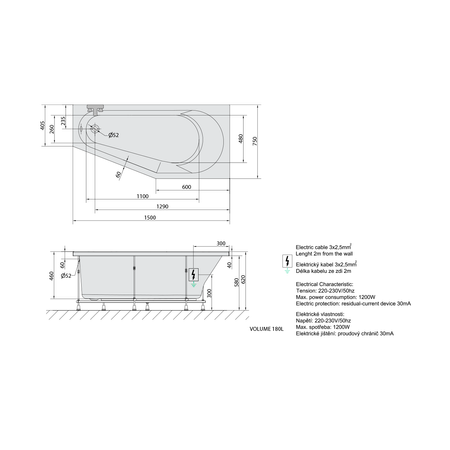 TIGRA R wanna z hydromasażem, 150x75x46cm, Attraction Hydro-Air, chrom