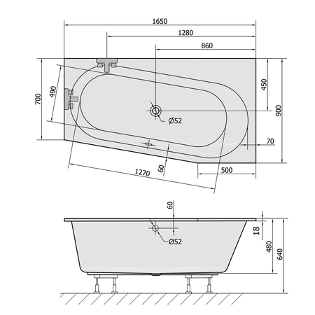 ASTRA WR SLIM wanna asymetryczna 165x90x48cm, biała