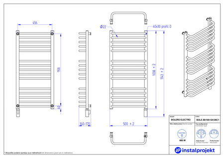 Instal Projekt Bolero Electro Grzejnik elektryczny  50x100 cm biały połysk/white silk BOLE-50/100+GH-06C1