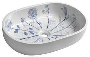 PRIORI umywalka ceramiczna nablatowa 60x40cm, biały z niebieskim wzorem