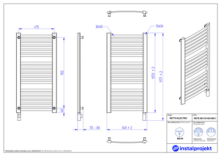 Instal Projekt Retto Electro Grzejnik elektryczny  50x110 cm biały mat/white mat RETE-50/110C34+GH-06C1