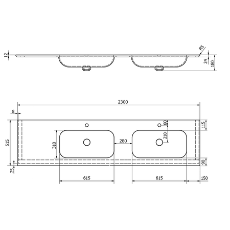 ARUBA umywalka podwójna prawa, 230x51,5 cm, Rockstone biały mat