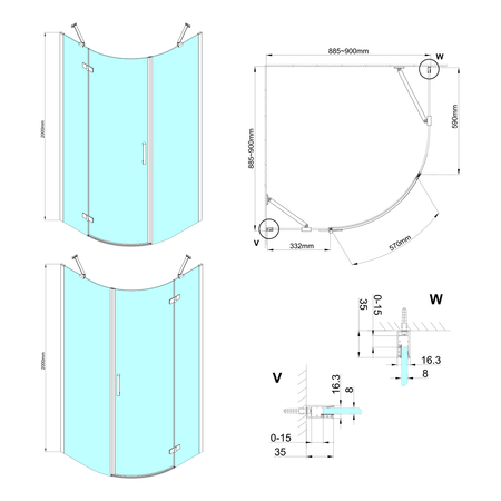 TRINITY CHROME kabina prysznicowa półokrągła 900x900mm, szkło matowe, prawa