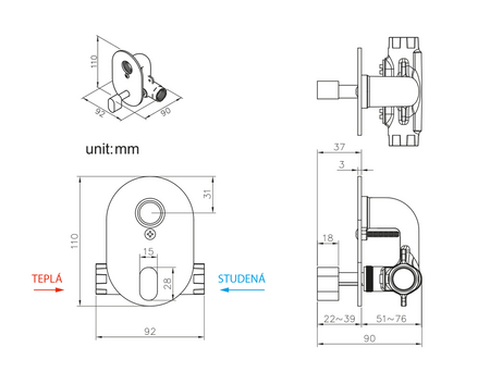 Regulator temperatury wody, podtynkowy, do prysznica bidetowego, chrom
