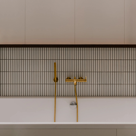 Y bateria wannowa z zestawem prysznicowym, złoty szczotkowany