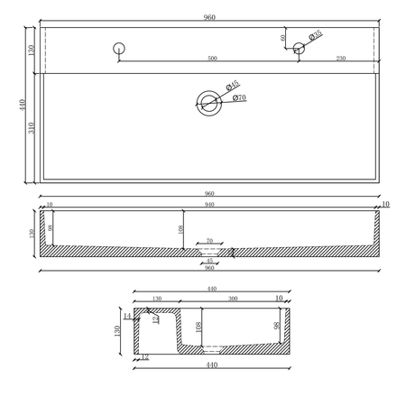 QUADRADO umywalka betonowa podwójna z korkiem 96x44cm, czarny granit