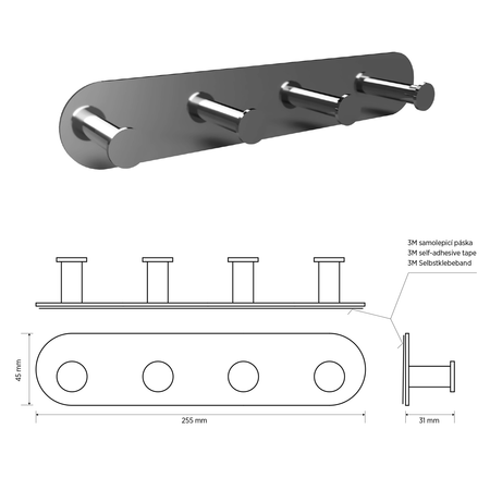 X-ROUND haczyk samoprzylepny poczwórny, stal nierdzewna polerowana