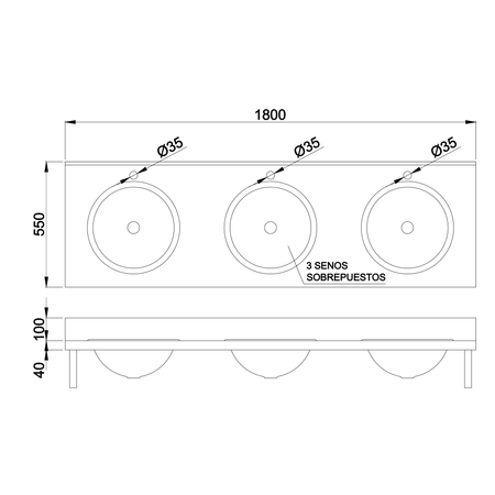 Umywalka potrójna z obudową 1800x254x550 mm, stal nierdzewna mat