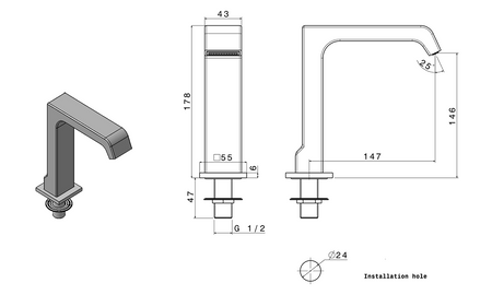 Wylewka na brzeg wanny, szerokość 43mm, kaskada, chrom