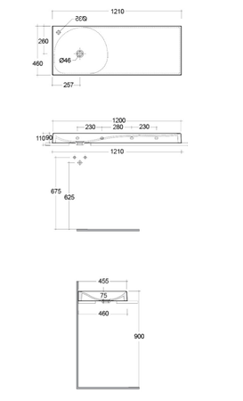 REMAL Umywalka podwieszana & nablatowa 121 x 46 cm R blat z prawej strony z otworem na baterię MICA WHITE