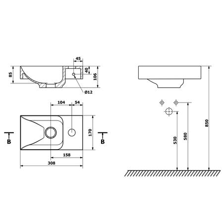PICCOLINO umywalka betonowa, 30,8x17cm, bateria z prawej strony, żółty mat