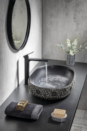 PRIORI umywalka ceramiczna nablatowa 60x40 cm, czarny z niebieskim wzorem